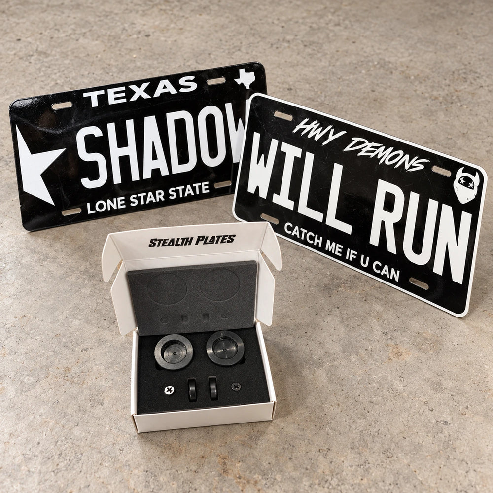 SHADOW and WILL RUN custom plates shown with one magnetic mounting kit.