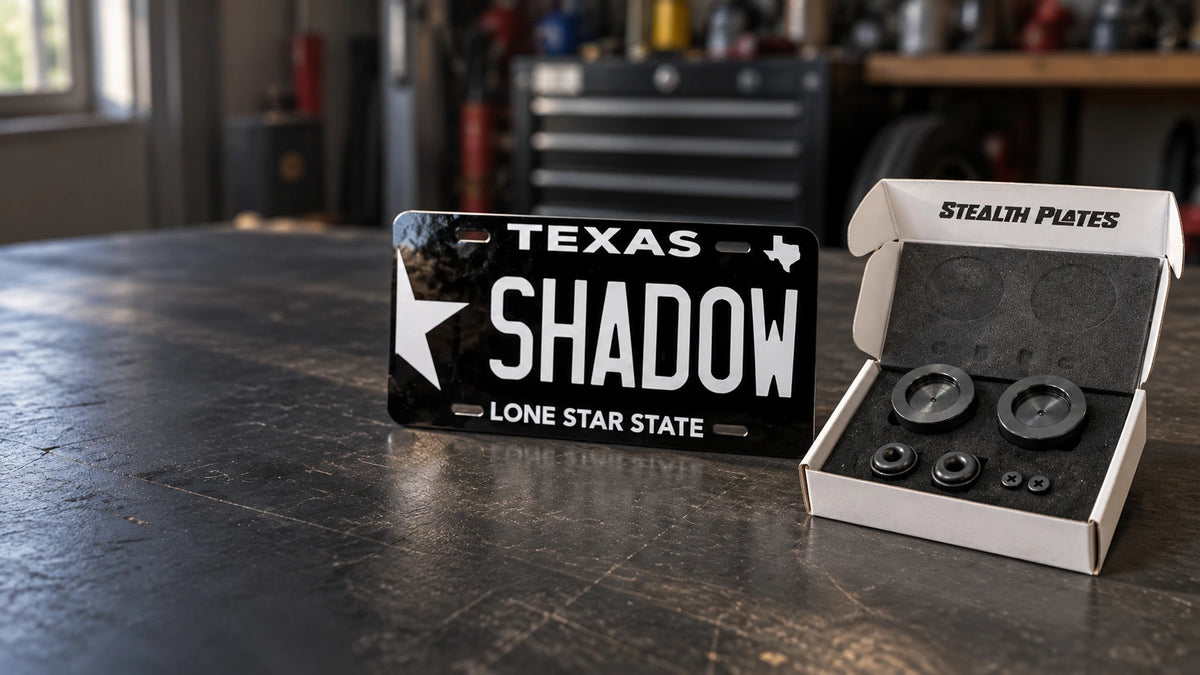 SHADOW custom plate and Stealth Plates magnetic kit on a garage workbench.
