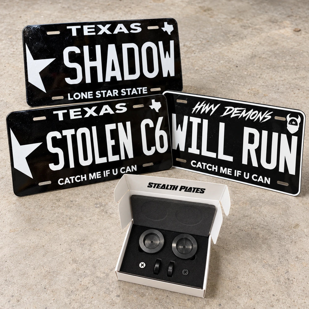 SHADOW, STOLEN C6 and WILL RUN custom plates shown with one magnetic mounting kit.